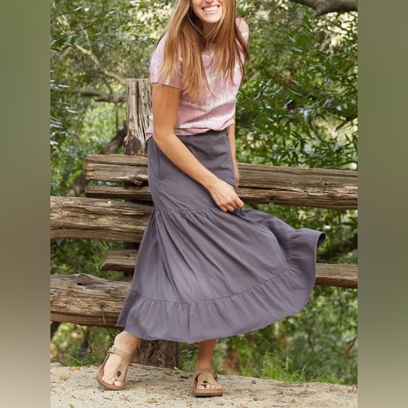 Toad&Co Primo Soot Gray Midi Skirt Size Small Tiered Pockets Organic Cotton - Picture 2 of 14